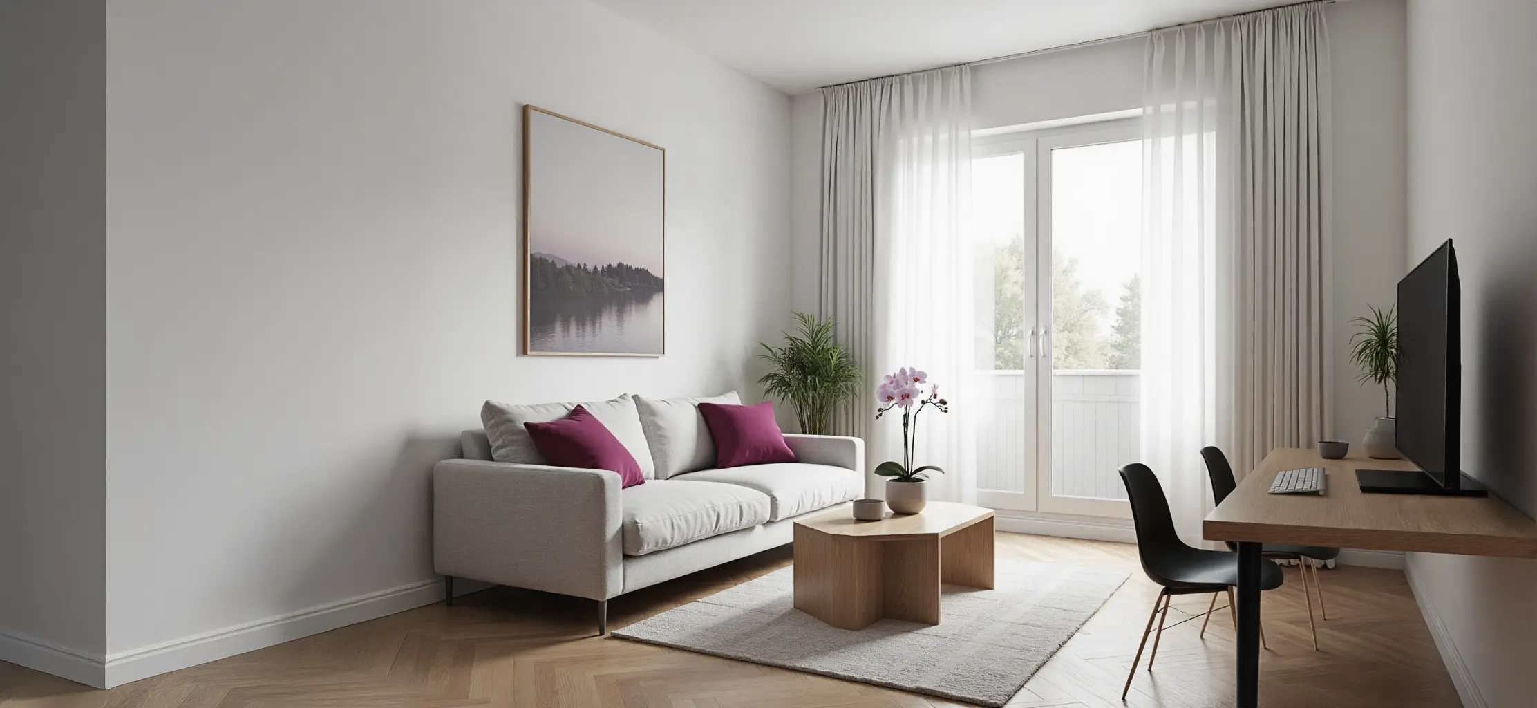 AI Virtual Staging -tulos: vaalea olohuone harmaalla sohvalla, viininpunaisilla tyynyillä, tammen kalanruotolattialla, läpikuultavilla verhoilla, orkidealla, maisemamaalauksella ja kotitoimistonurkkauksella – RogerApp.ai