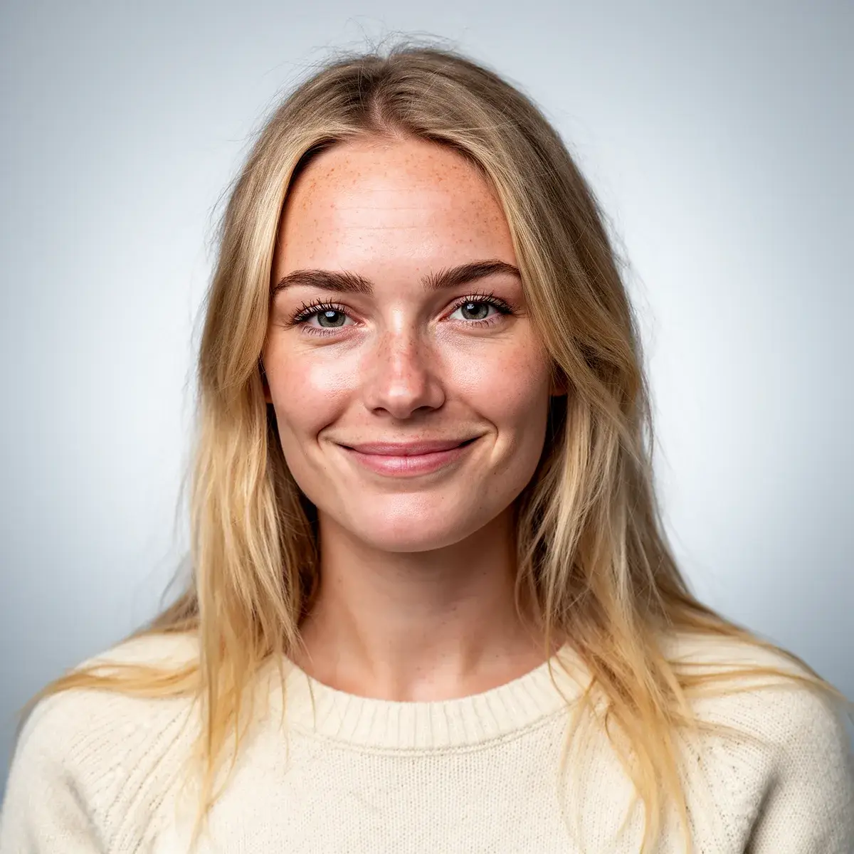 AI-muotimalligeneraattorin tulos RogerApp.ai:ssa: fotorealistinen vaaleatukkainen nainen pisamilla, kermavalkoinen neulepaita, vaaleanvihreä studiotausta