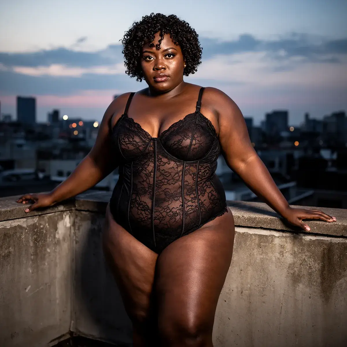 Curvy AI-generated fashion model wearing a black lace bodysuit, highlighting RogerApp’s ability to visualize accurate fit for curvy body types.