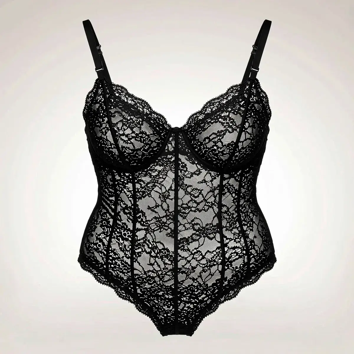 Original flat lay of a black floral lace bodysuit used as a source image for AI fashion model generation.