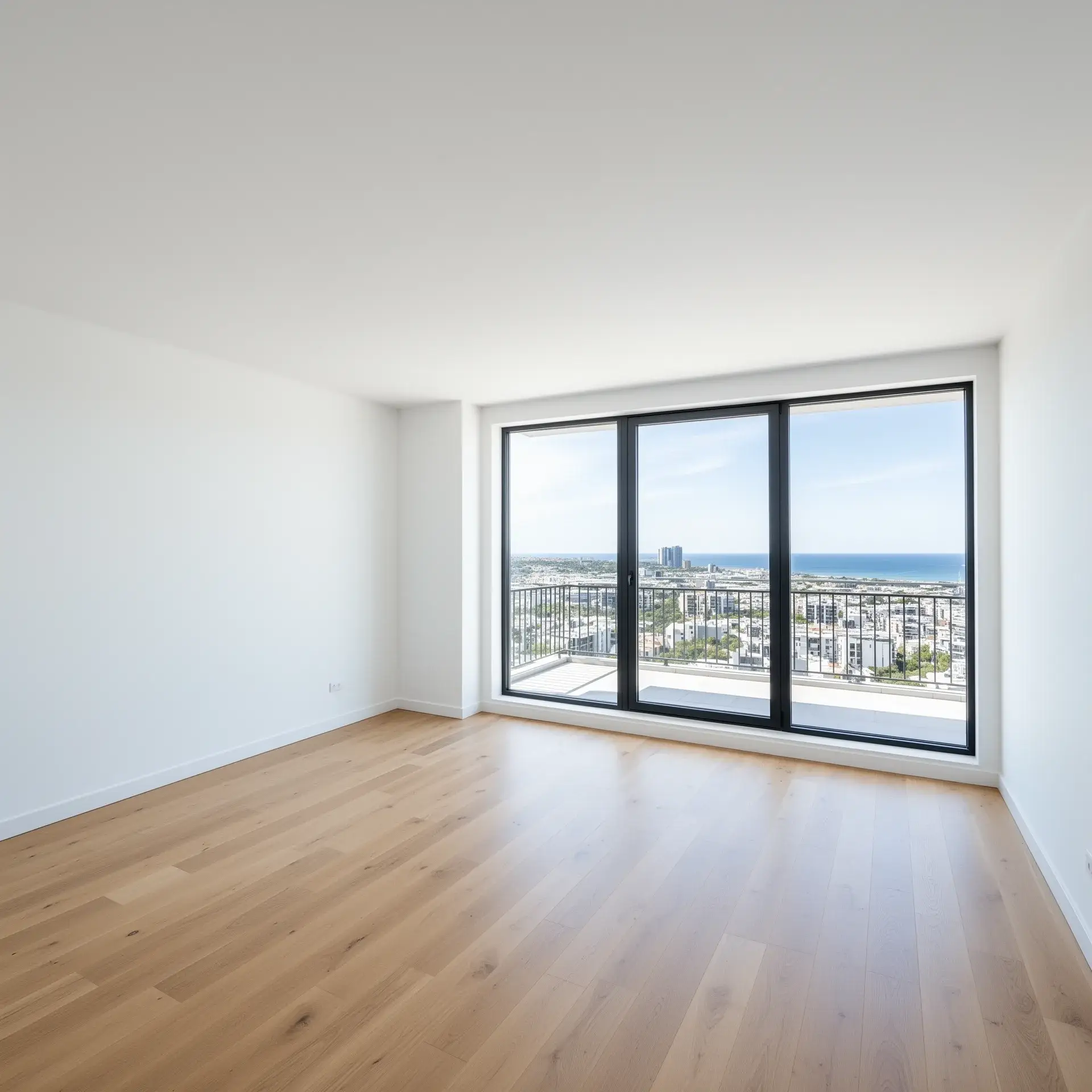 Tyhjä kerrostaloasunnon olohuone lattiasta kattoon ulottuvilla ikkunoilla ja merinäköalalla – lähdevalokuva ennen AI Virtual Staging -käsittelyä RogerApp.ai:lla