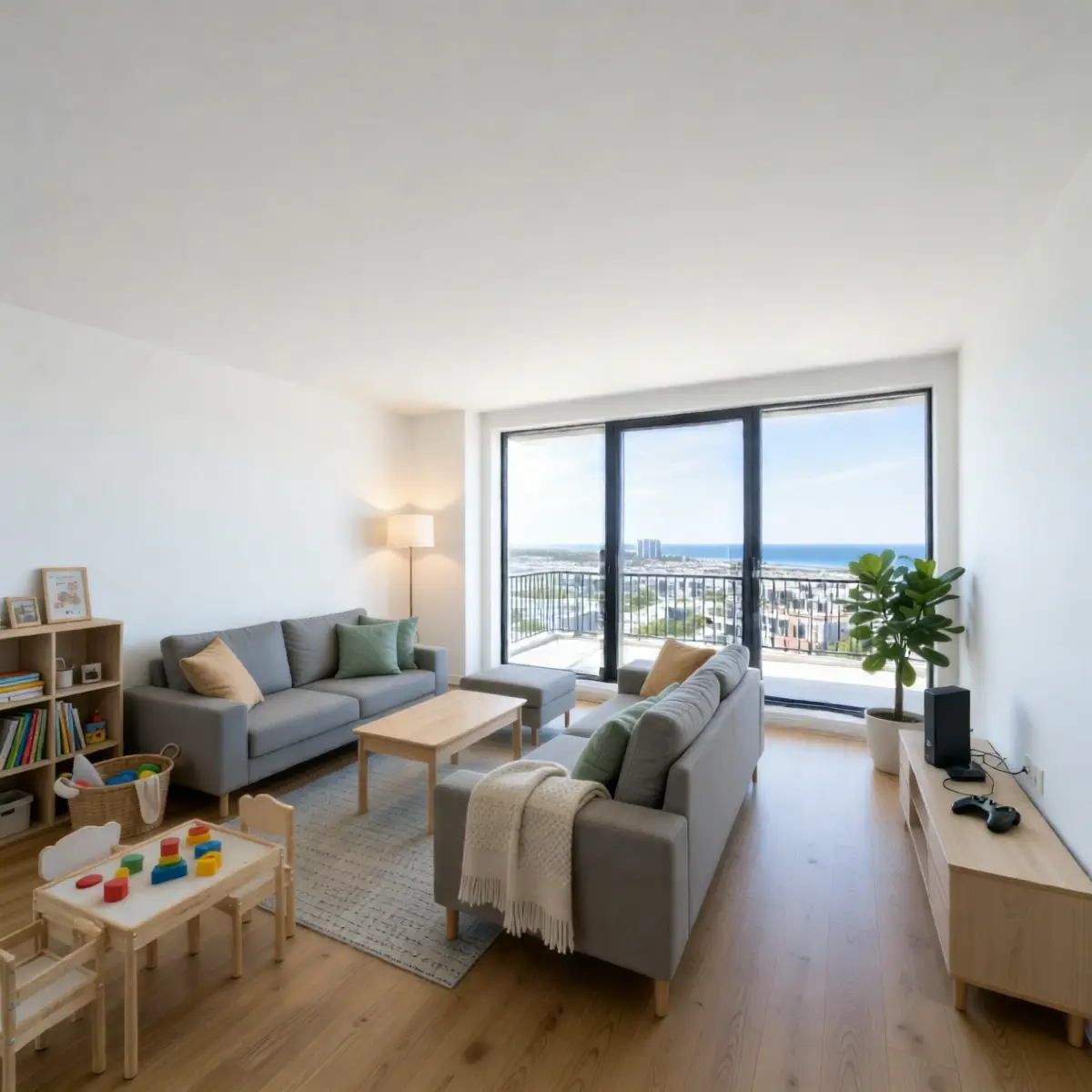 AI Virtual Staging -tulos: sama asunnon olohuone sisustettu perheystävälliseen tyyliin – harmaat kulmasohvat, lasten leikkipöytä leluineen, kirjahylly, sisäkasvi – RogerApp.ai