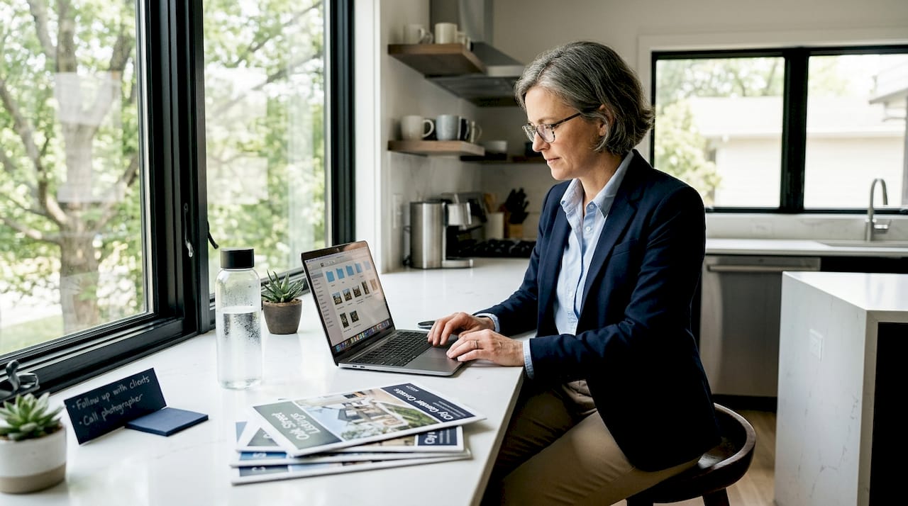 Real estate agent reviewing listing photos at kitchen counter