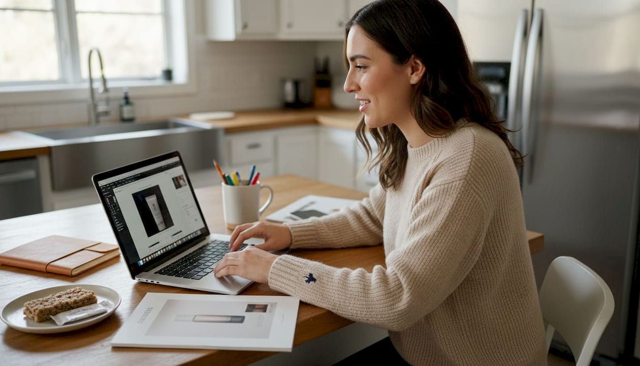 Designer editing product photo with AI tools at home workspace
