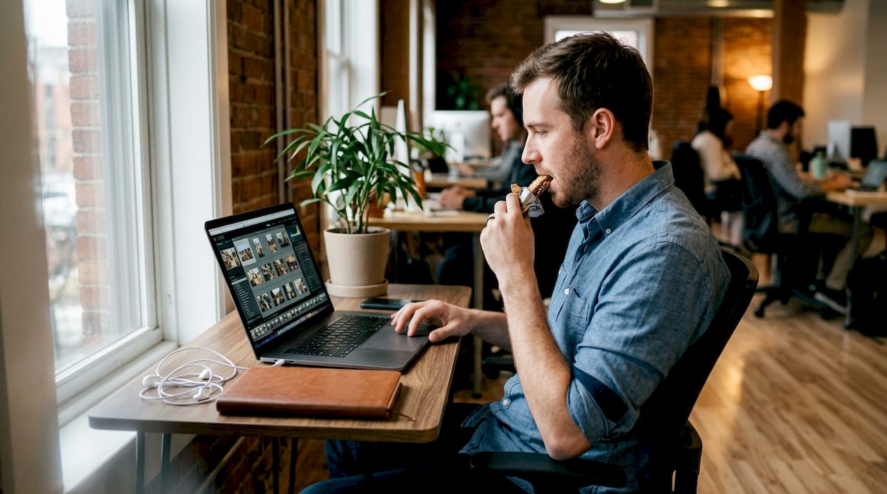 Person using laptop for AI photo editing in workspace
