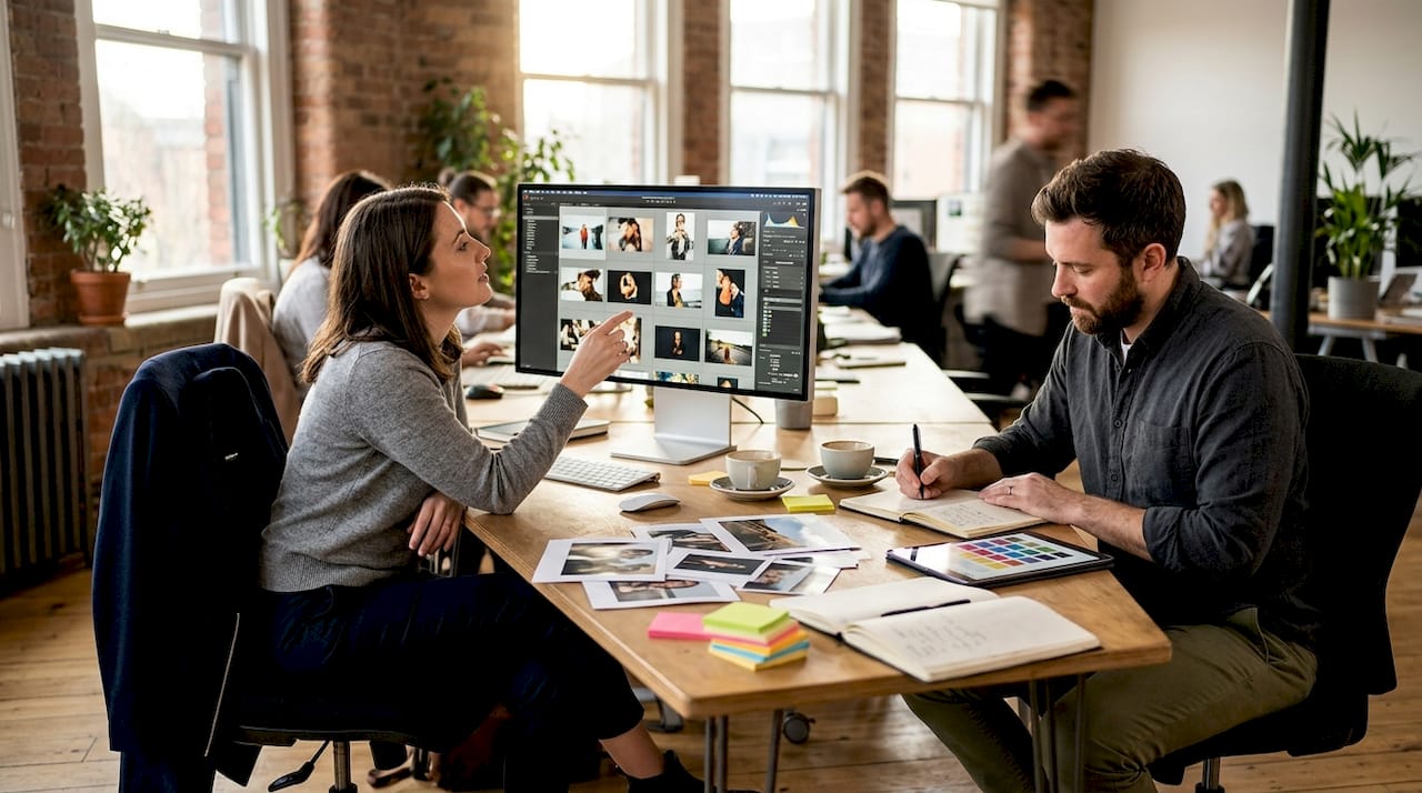 Creative agency team collaborating on visual content production