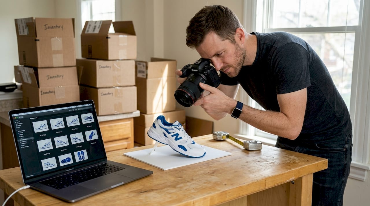E-commerce manager photographing product at home