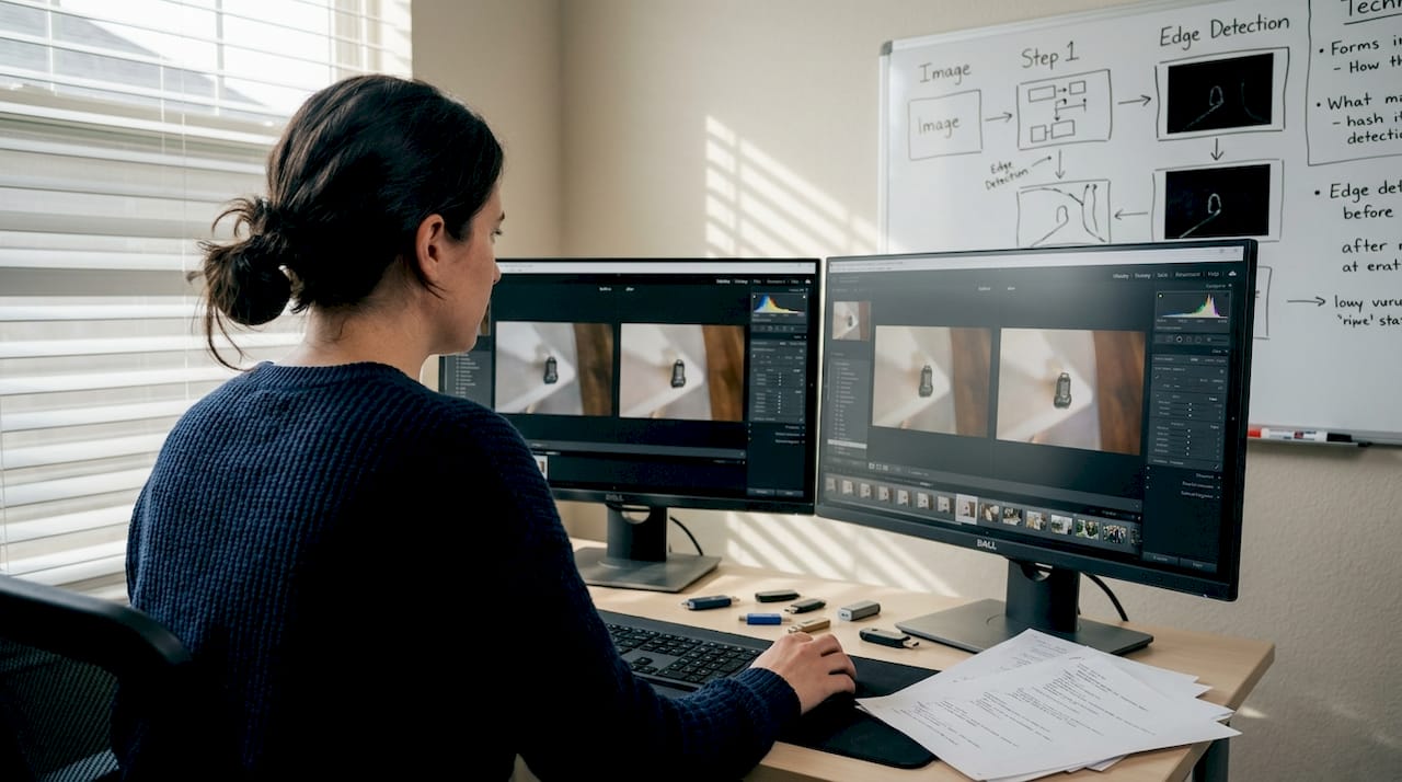 Engineer testing AI image enhancement workflow