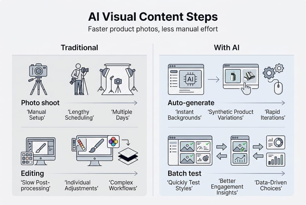 Infograafi, joka vertailee perinteistä tuotekuvaustyönkulkua AI-pohjaiseen sisällöntuotantoon