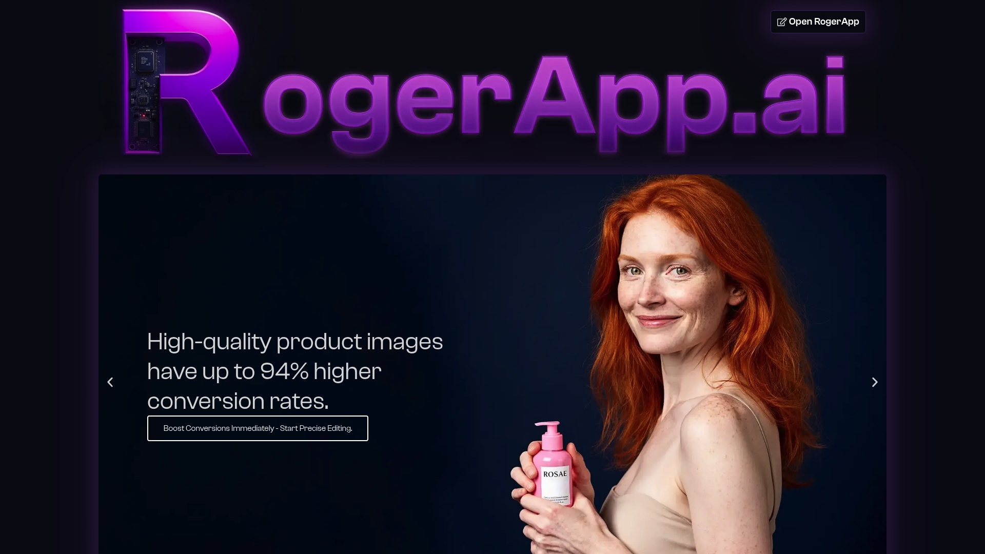 RogerApp.ai-käyttöliittymä, jossa näkyvät AI-kuvanmuokkaustyökalut e-commerce-tuotekuvaukseen