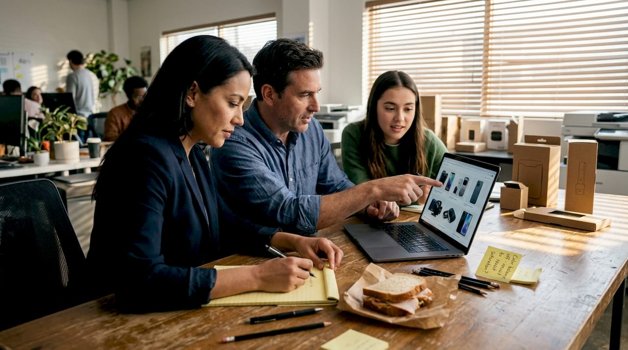 E-commerce-tiimi tarkistaa AI:n tuottamia tuotekuvia laadunvarmistusta ja brändin yhdenmukaisuutta varten