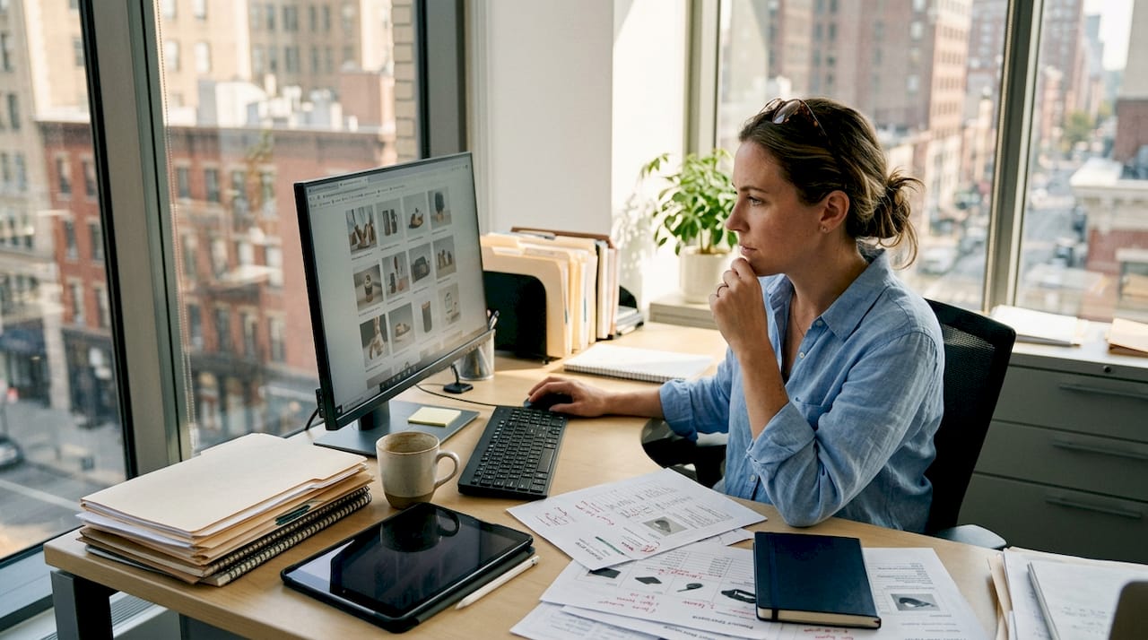 Manager editing images at bright business desk