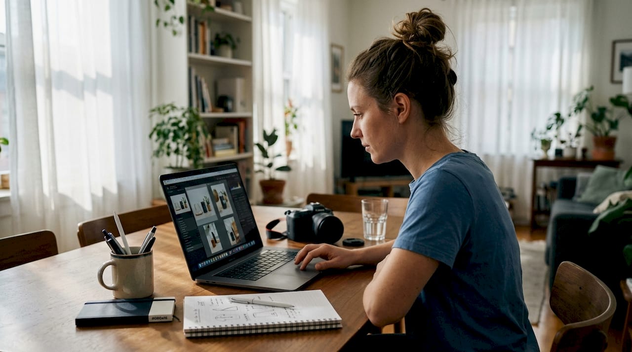 Marketer editing product photos at home workspace
