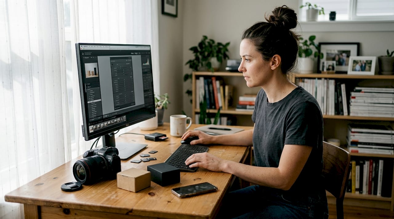 Photographer editing product images at home desk