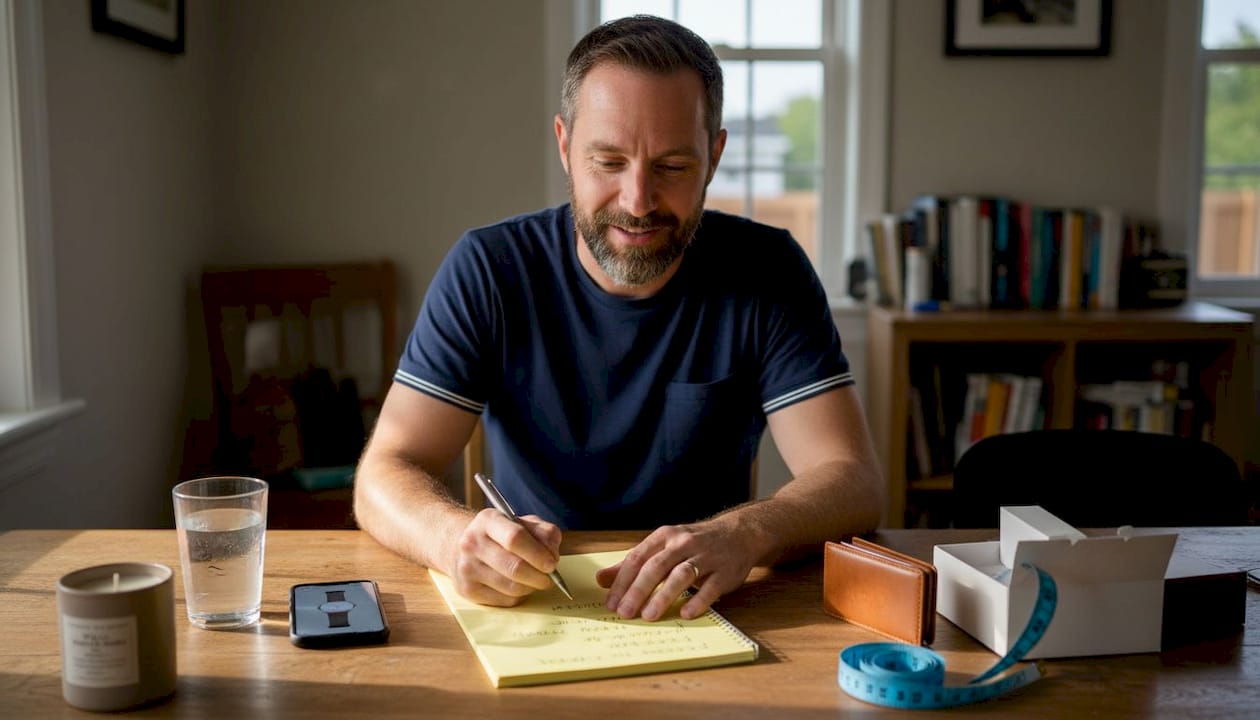 Business owner planning product photo shot list at home table