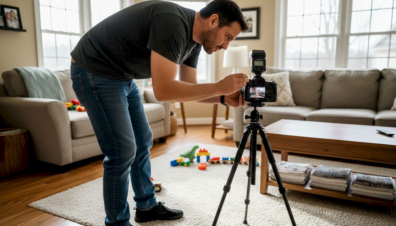 Real estate photographer adjusting flash lighting in lived-in room