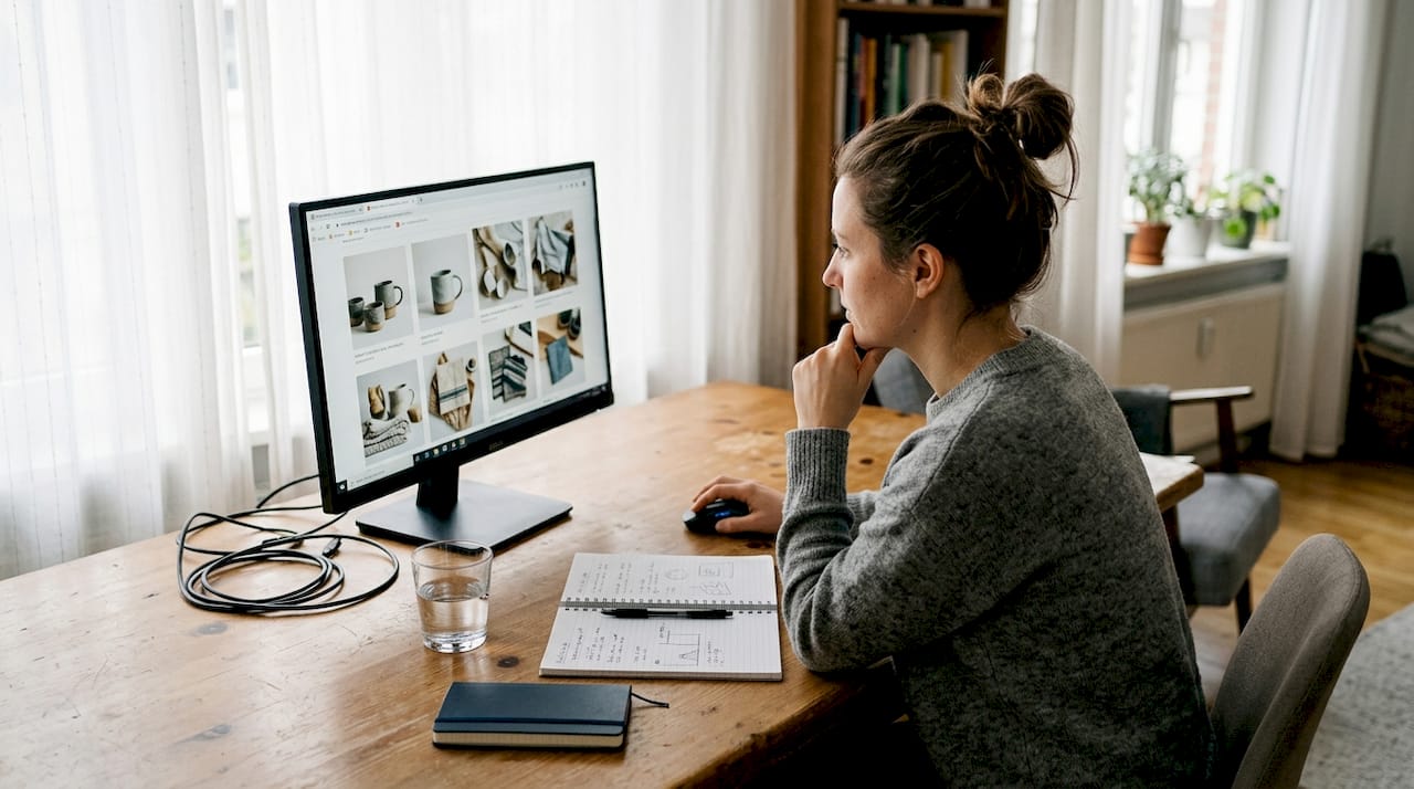 E-commerce manager reviewing product images on home office computer