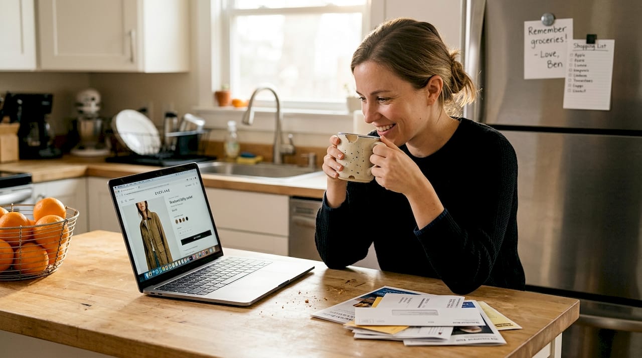 Online shopper viewing product photo on laptop in kitchen