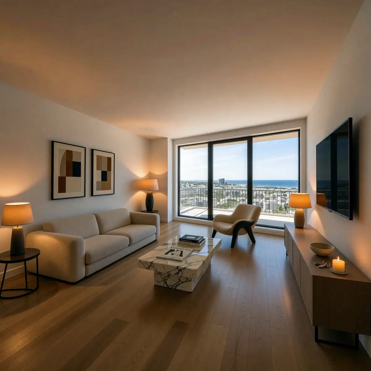 AI Virtual Staging -tulos: tyhjä kerrostaloasunnon olohuone premium-iltatyylissä – kermanvärinen sohva, marmorinen sohvapöytä, nahkainen nojatuoli, taidegalleriaseinä, lämmin lampunvalo, merinäköala – RogerApp.ai