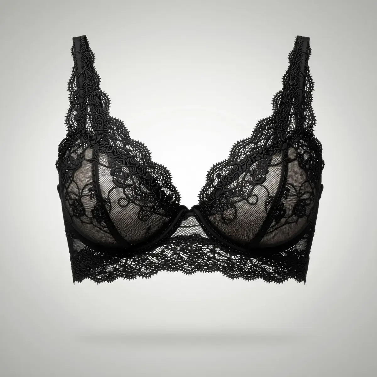Original studio product shot of a black lace bra, showing the base image before RogerApp's AI model transformation.