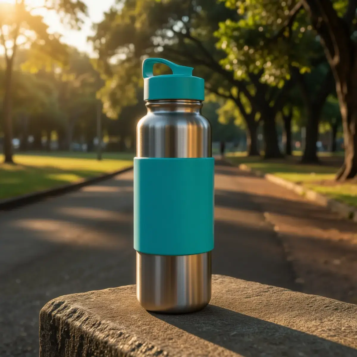 A simple outdoor product shot of a sports water bottle in natural daylight. This serves as the source image for RogerApp's AI editing.