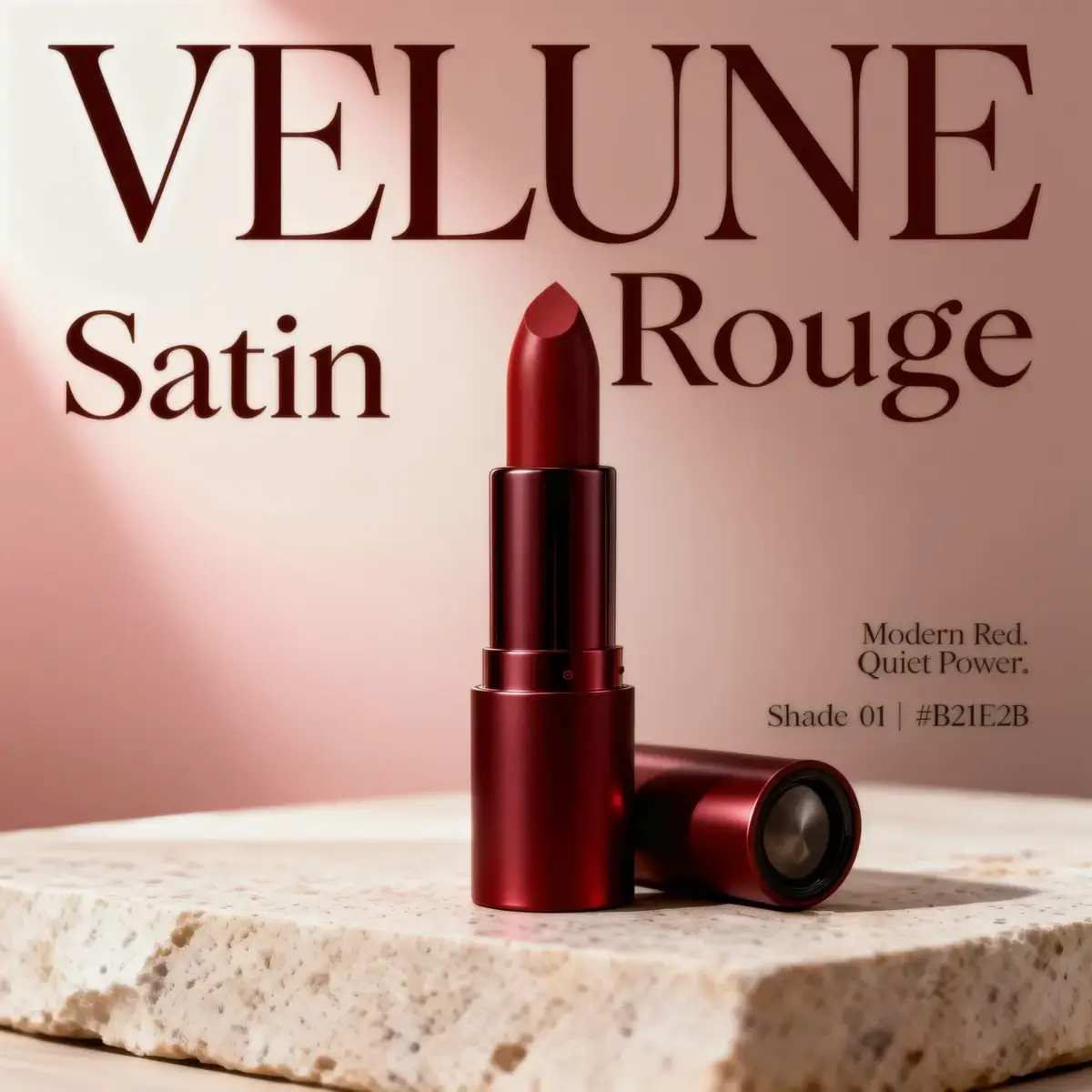 Tekstin lisäämisen AI-tulos RogerApp.ai:ssa: luksushuulipunatuotekuva, johon lisätty brändinimi, tuotenimi, iskulause ja sävytiedot kampanjatypografiana