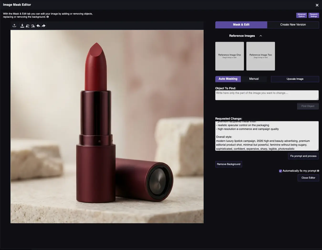 RogerApp.ai:n kuvaeditori: luksushuulipunatuotekuva kampanjatekstipromptilla Requested Change -kentässä bränditypografian lisäämiseksi kuvaan