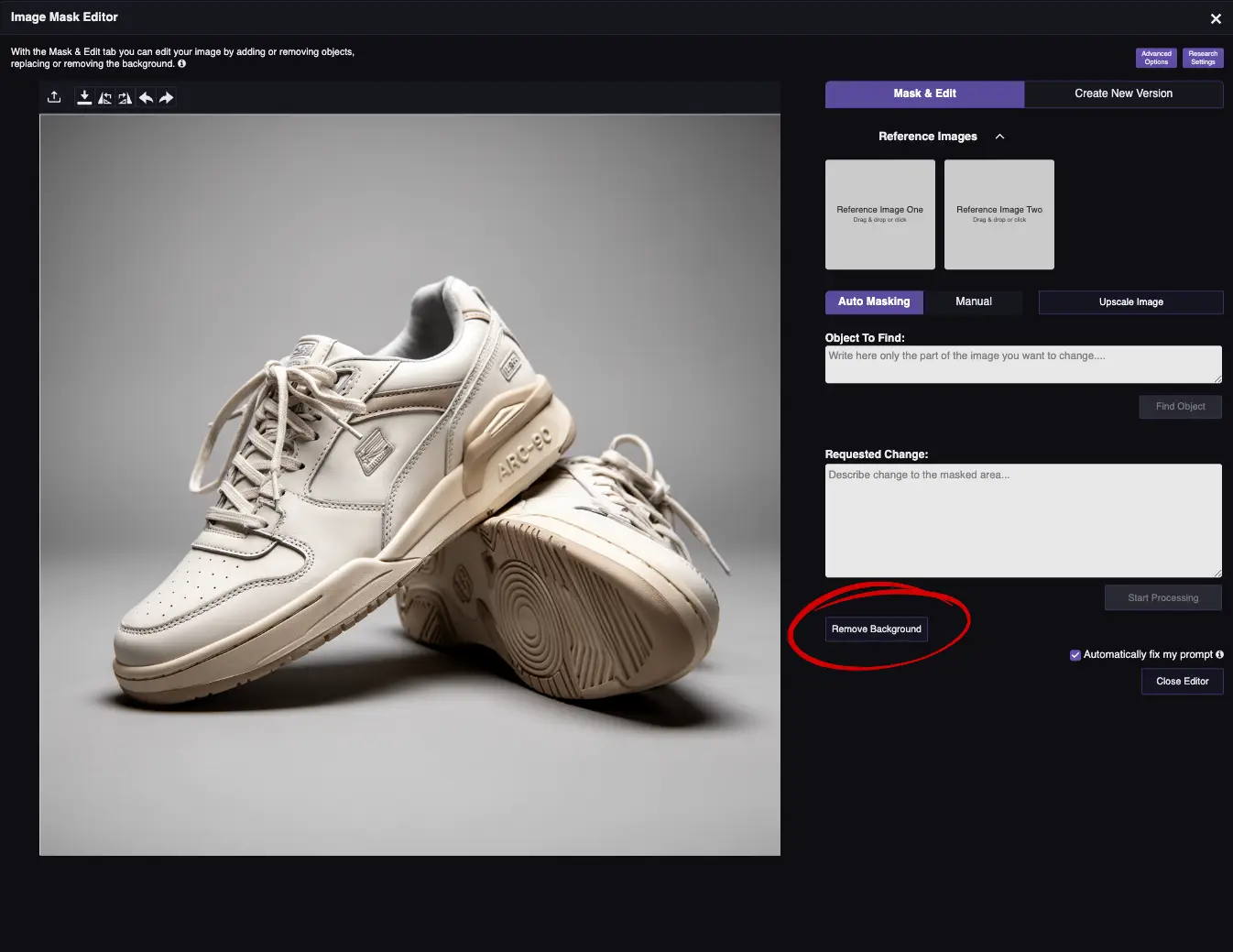 RogerApp.ai:n kuvaeditori, jossa kengät ja taustan poisto -painike korostettuna valmiina klikkausta varten