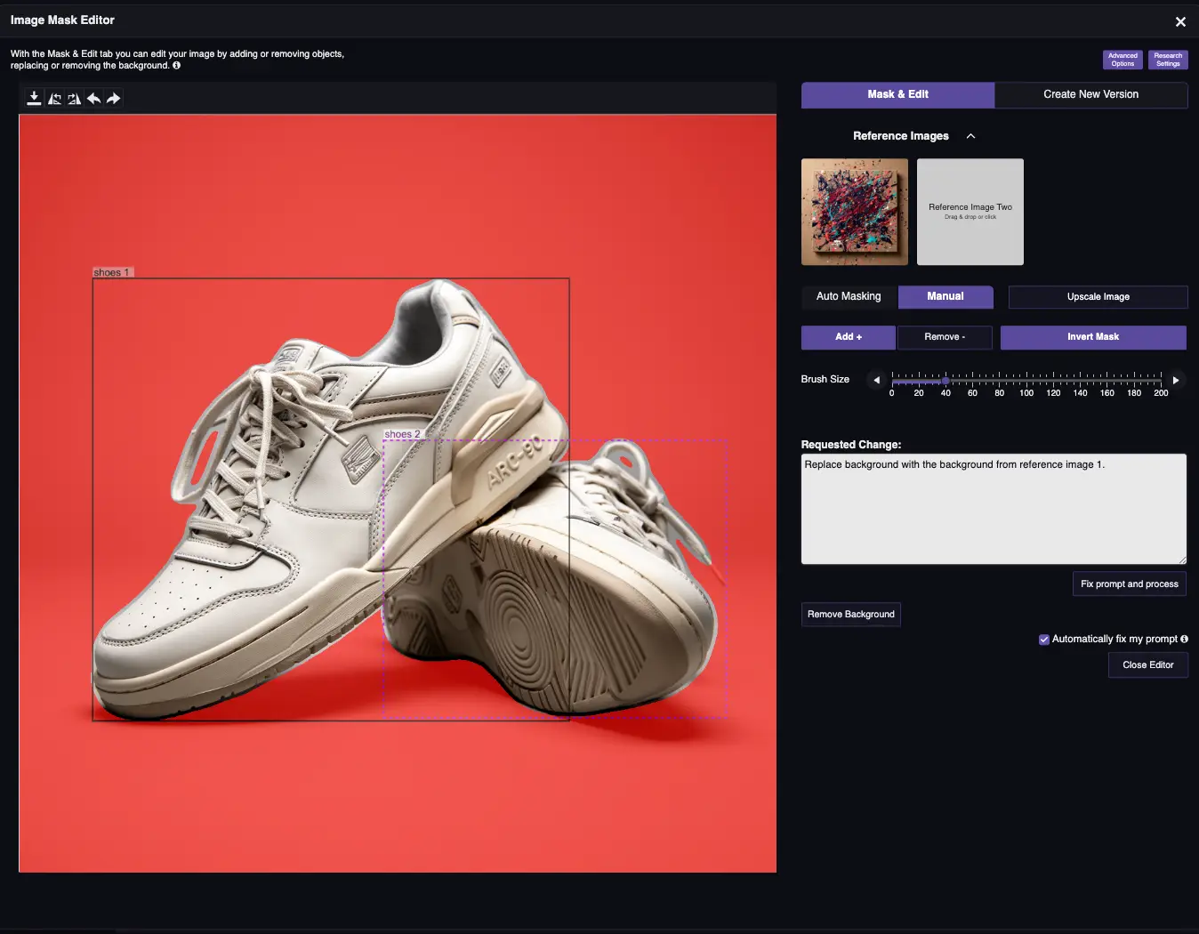 RogerApp.ai:n editori, jossa kengistä on poistettu tausta, käänteinen maskaus aktiivinen ja uusi taustakuva asetettu referenssiksi
