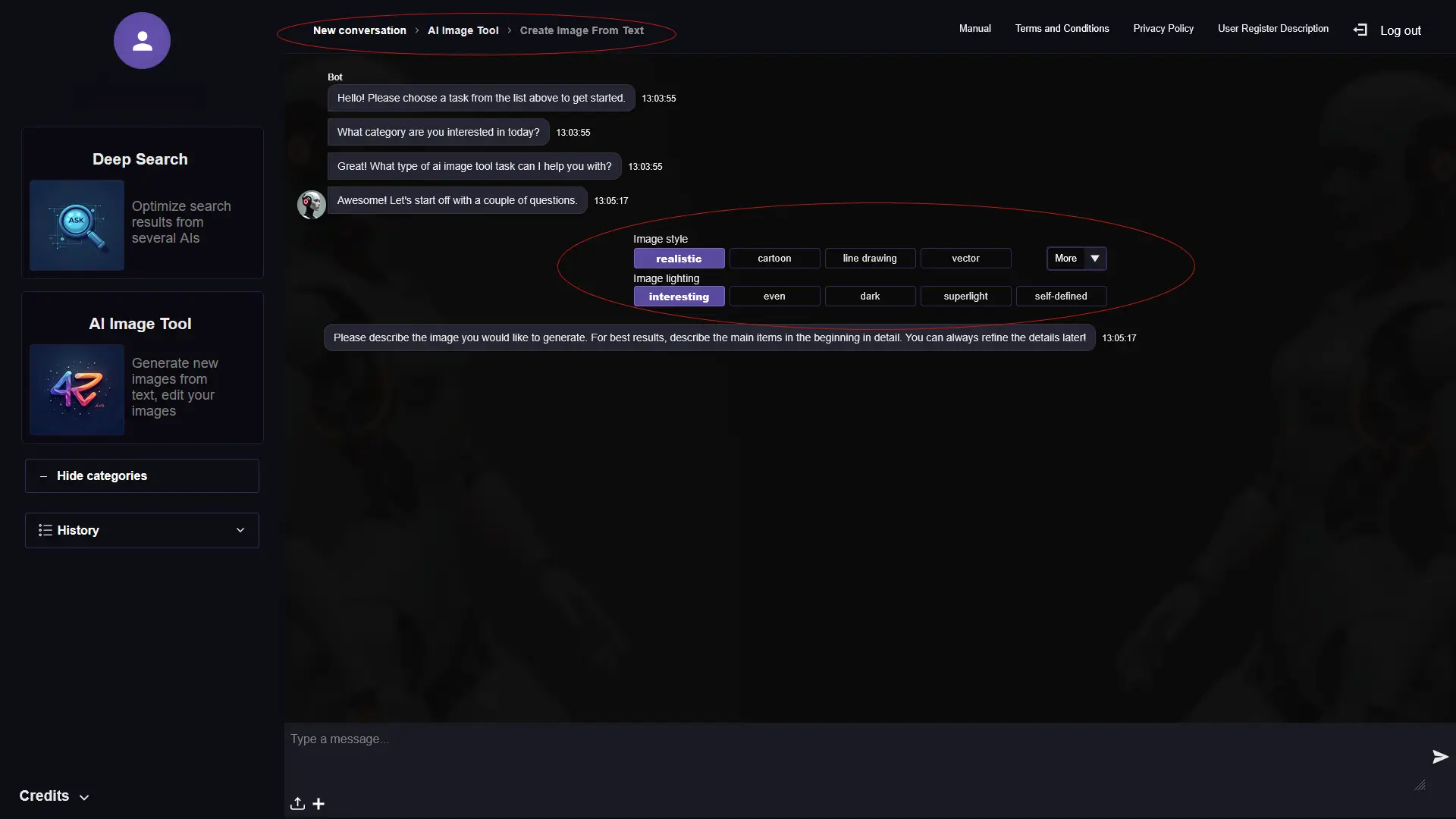 RogerApp.ai:n Create Image From Text -näkymä, jossa näkyvät kuvatyylin painikkeet (realistinen, piirros, viivapiirros, vektori ja lisää), kuvavalaistusvalinnat ja prompttikenttä, joka tukee yli 100 kieltä
