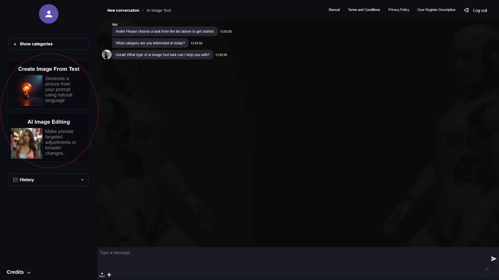 RogerApp.ai:n chat-näkymä, jossa AI Image Tool on valittuna ja kaksi vaihtoehtoa korostettuna: Create Image From Text uusien kuvien luomiseen ja AI Image Editing olemassa olevien kuvien muokkaamiseen