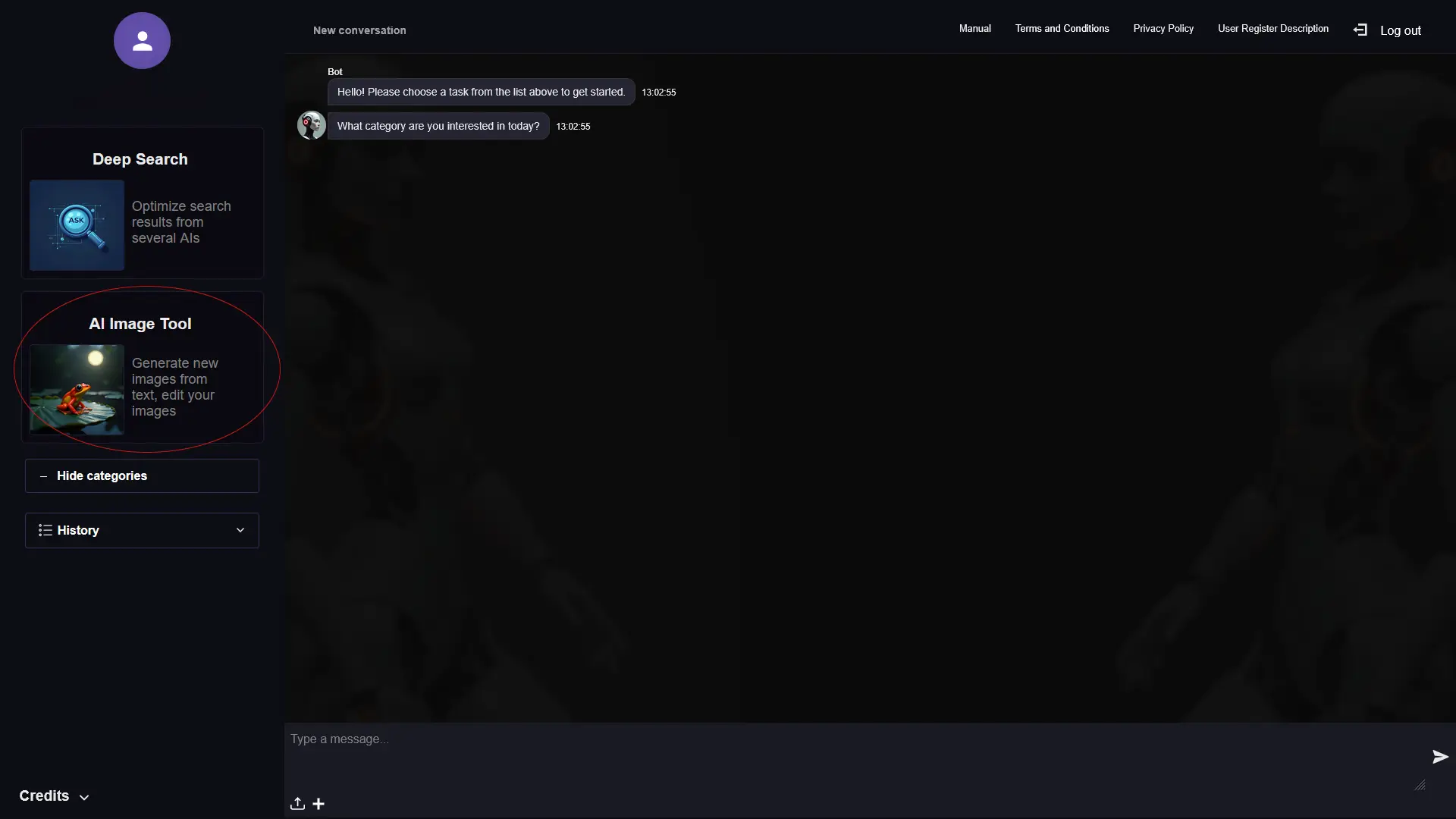 RogerApp.ai:n chat-näkymän aloitusnäyttö, jossa vasemmalla valikossa näkyvät Deep Search- ja AI Image Tool -vaihtoehdot sekä alhaalla chat-promptikenttä suoria tekstikomentoja varten