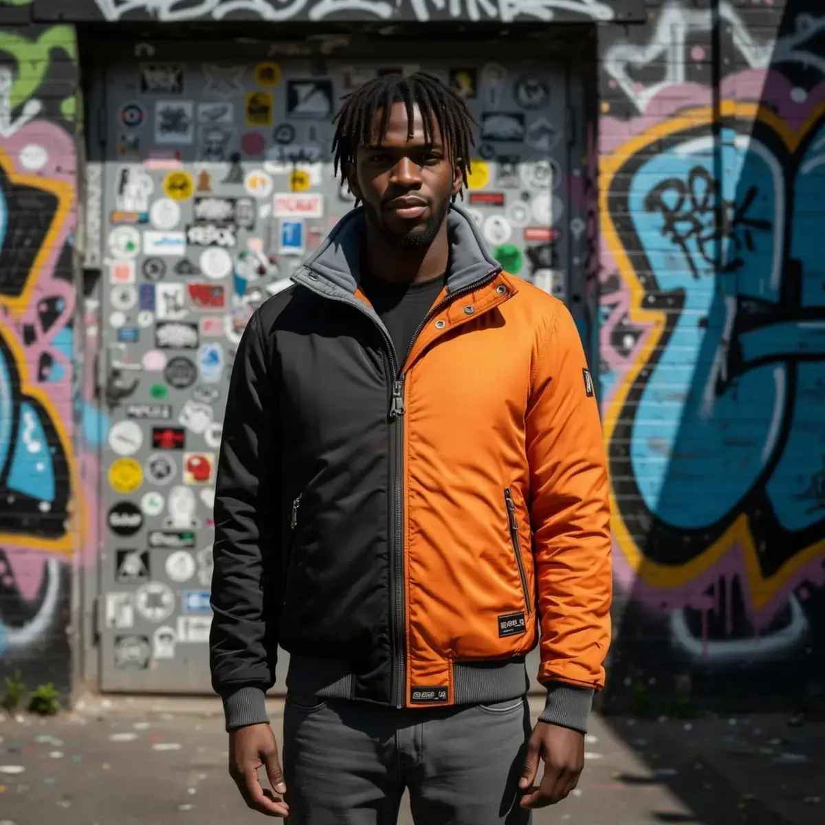 AI-vaatteenvaihtajan lopputulos RogerApp.ai:ssa: mies oranssi-mustan bomber-takin kanssa, vaihdettu mustasta t-paidasta referenssituotekuvalla, monimutkainen graffiti-tausta säilytetty koskemattomana