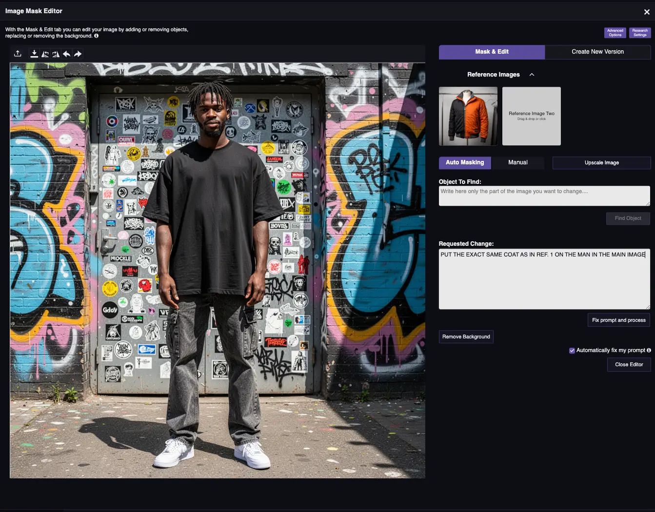 RogerApp.ai:n kuvaeditori: mies mustassa t-paidassa graffitiseinää vasten, oranssi bomber-takki referenssikuvana ja asunvaihto-prompti aktiivisena