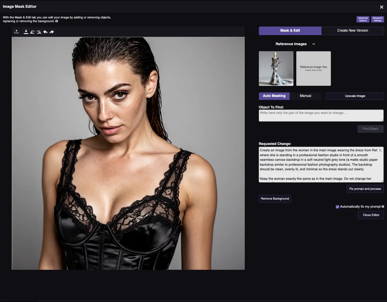 RogerApp.ai:n kuvaeditori: nainen mustissa alusvaatteissa pääkuvana, merenneito-mekko referenssinä, johdonmukainen hahmo AI-prompti pitäen mallin kasvot ja identiteetin muuttumattomina