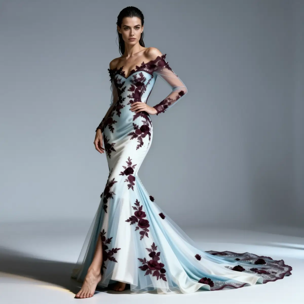 Johdonmukaisen AI-hahmogeneraattorin tulos RogerApp.ai:ssa: sama malli identtisin kasvoin, hiuksin ja ilmein, nyt vaaleansinisessä merenneitolenkissä viinipunatusin kukkakoristein studioympäristössä