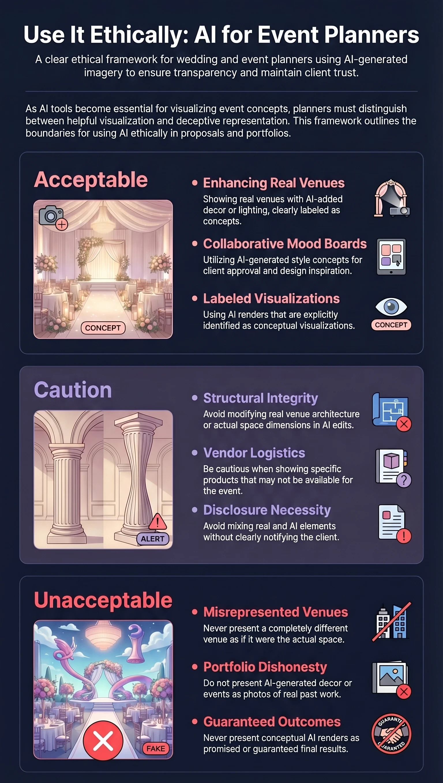 Infographic: ethical framework for AI venue visualization — acceptable uses including real venue with AI-added event styling, caution areas, and unacceptable practices such as misrepresenting venues — RogerApp.ai