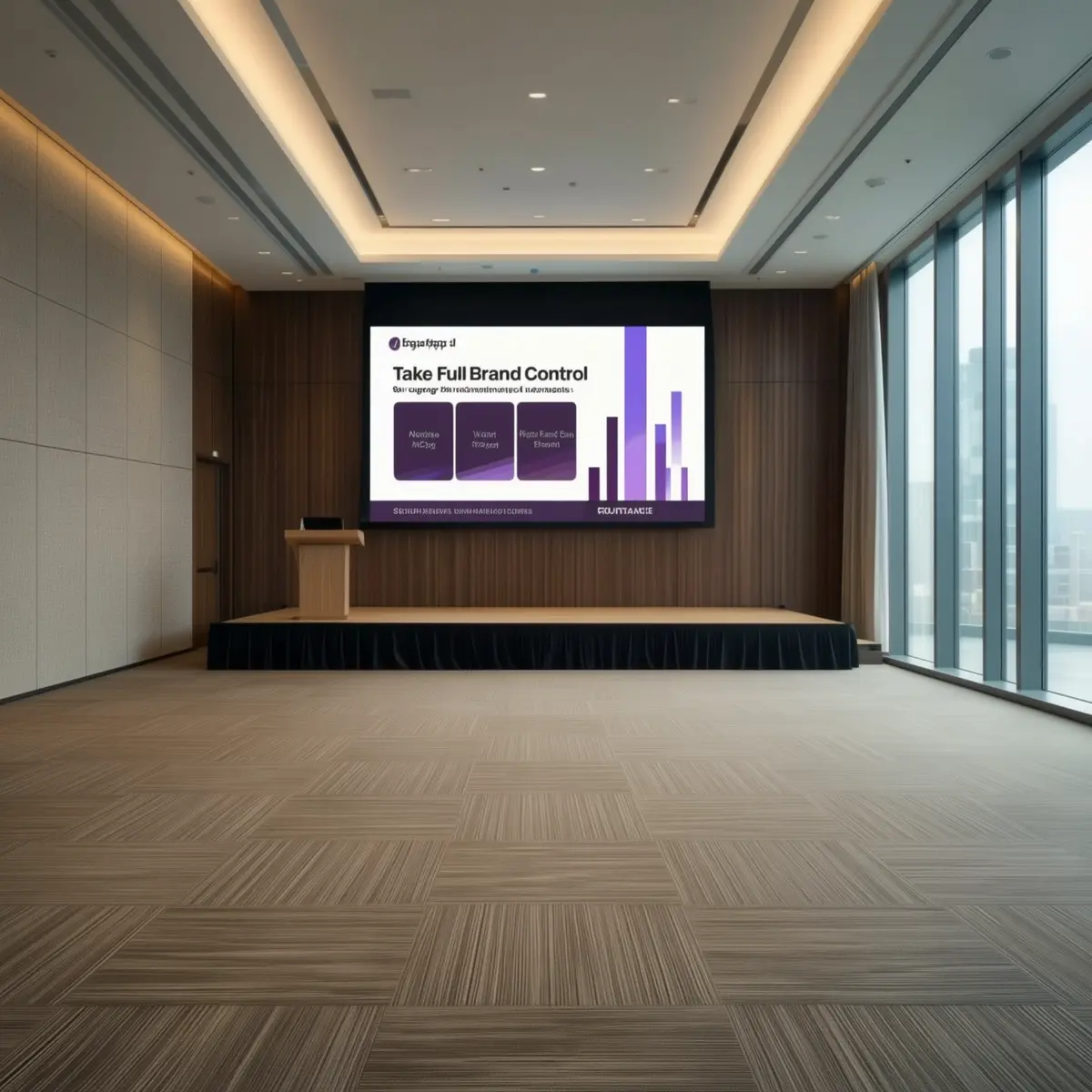 Empty modern conference venue with branded RogerApp.ai presentation slide on screen, stage and podium, floor-to-ceiling windows - source photo before AI event visualization