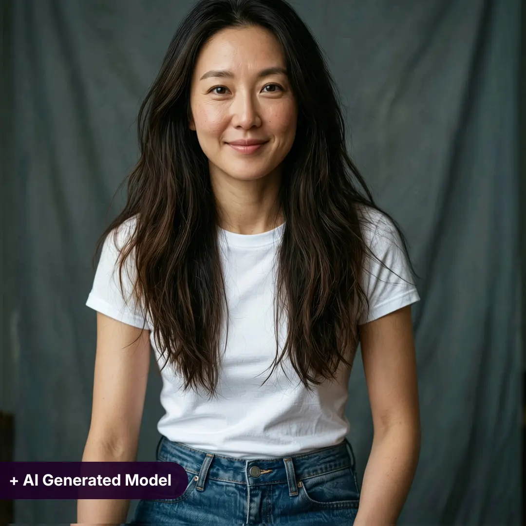 AI-generoitu muotimalli — aasialainen nainen pitkillä tummilla hiuksilla, valkoinen t-paita ja farkut, studiotausta, luotu RogerApp.ai:lla