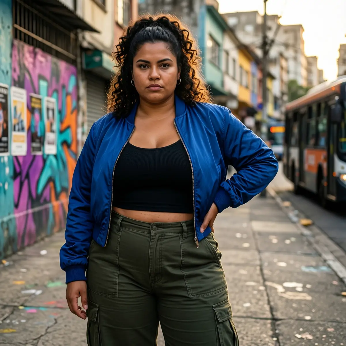 AI-muotimalligeneraattorin tulos RogerApp.ai:ssa: plus-kokoinen brasilialainen nainen, puoliylös kiharretut hiukset, kobolttinsininen bomber-takki ja oliivinharmaat reisitaskuhousut, itsevarma ilme, São Paulon kadulla kultaisen tunnin valossa