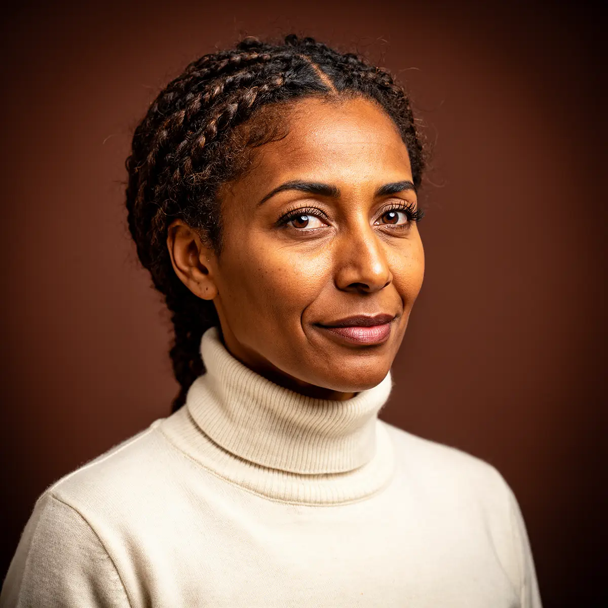 AI-muotimalligeneraattorin tulos RogerApp.ai:ssa: fotorealistinen nainen cornrow-leteillä, kermavalkoinen pooloneule, lämmin ruskea studiotausta