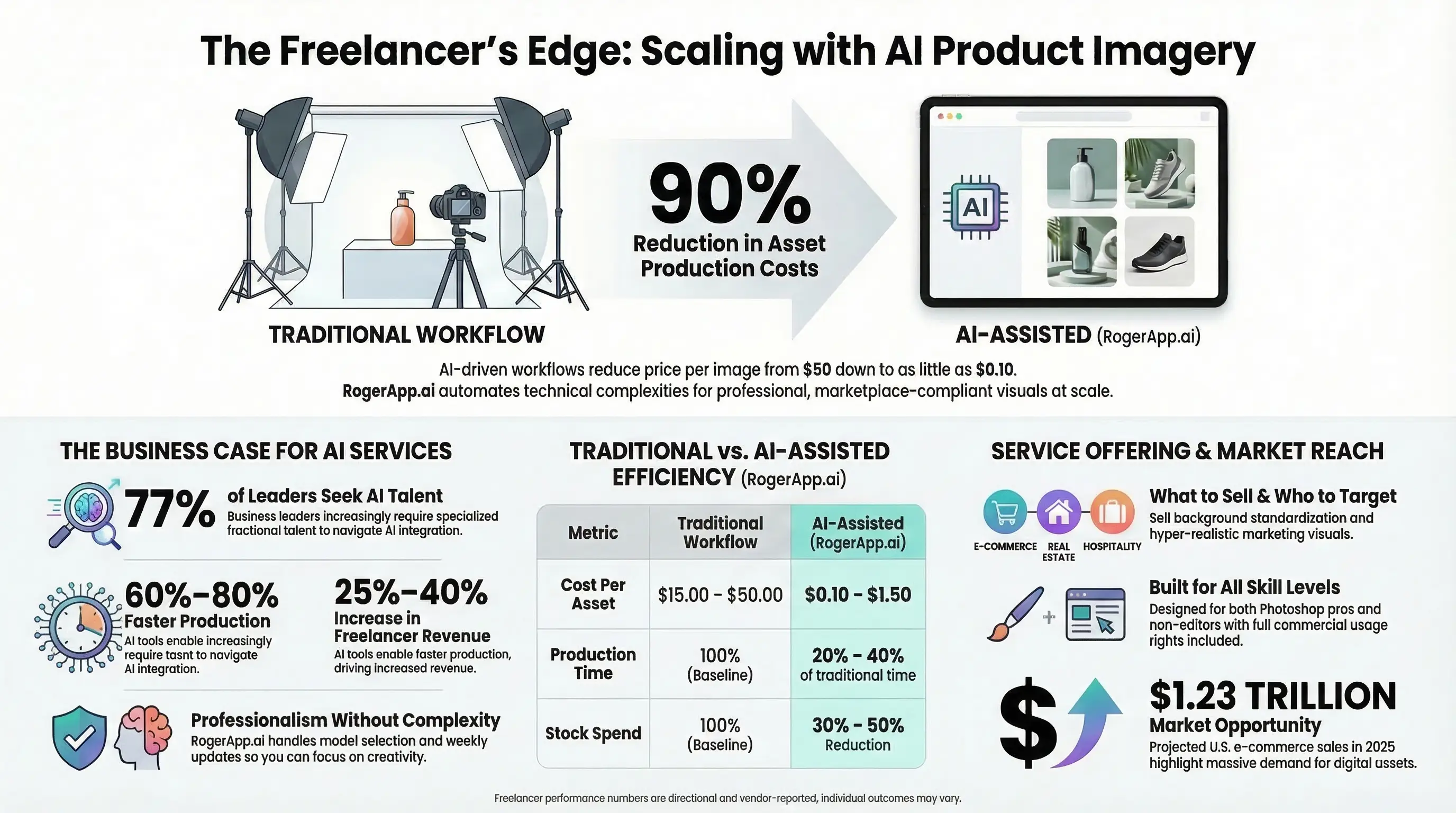 Infograafi: Freelancerin etulyöntiasema AI-tuotekuvauksessa. Näyttää 90 %:n tuotantokustannusten laskun RogerApp.ai:lla, kuvakohtaisen kustannuksen laskun 15–50 dollarista 0,10–1,50 dollariin, tuotantoajan laskun 20–40 %:iin perinteisestä ja freelancer-tulojen kasvun 25–40 %.