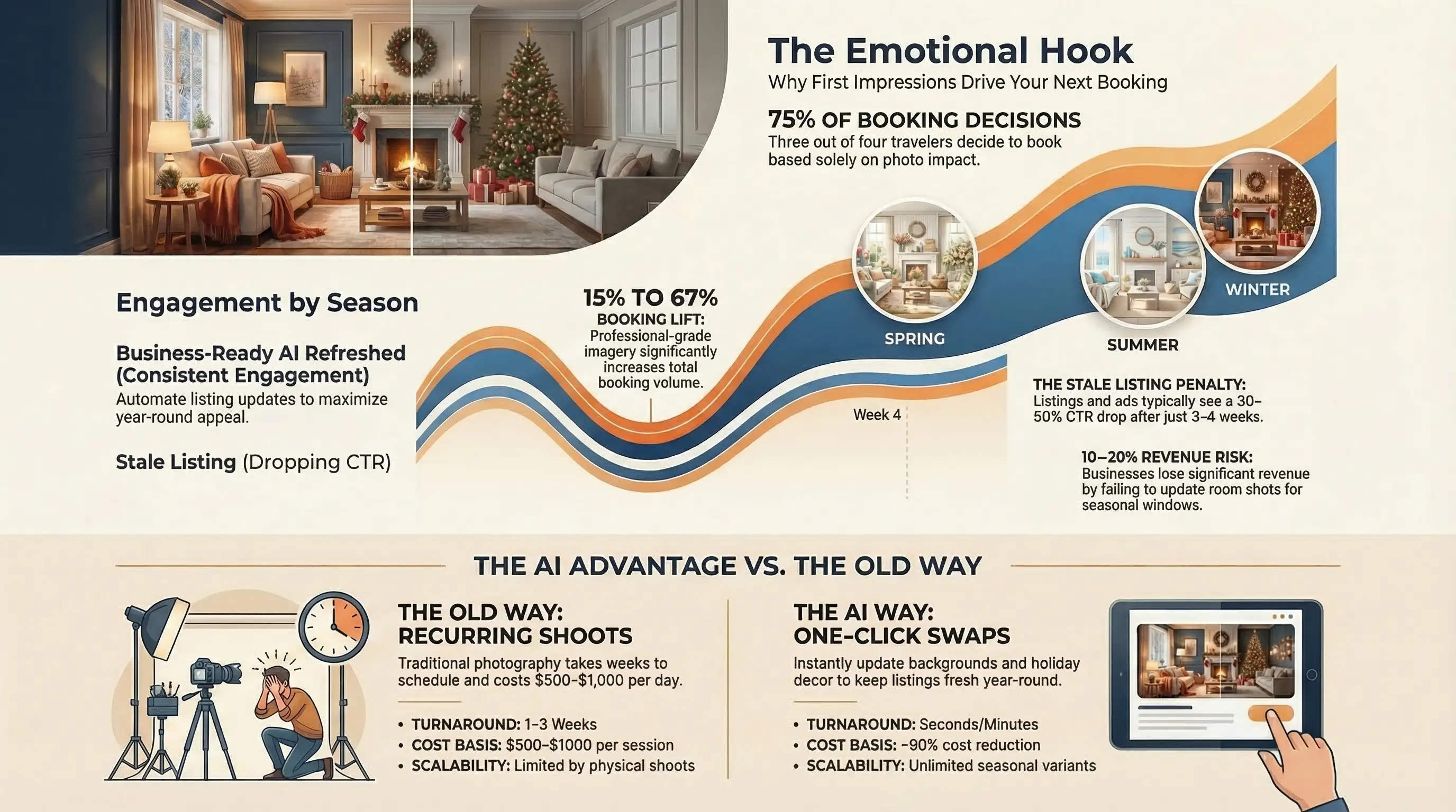 Infograafi kuvien laadun vaikutuksesta majoitusalan varauspäätöksiin. Näyttää, että 75 % matkailijoista päättää varata pelkästään kuvien vaikutuksen perusteella, ammattimaiset kuvat tuovat 15–67 %:n varauslisäyksen ja vanhentuneissa ilmoituksissa CTR laskee 30–50 % 3–4 viikon jälkeen.