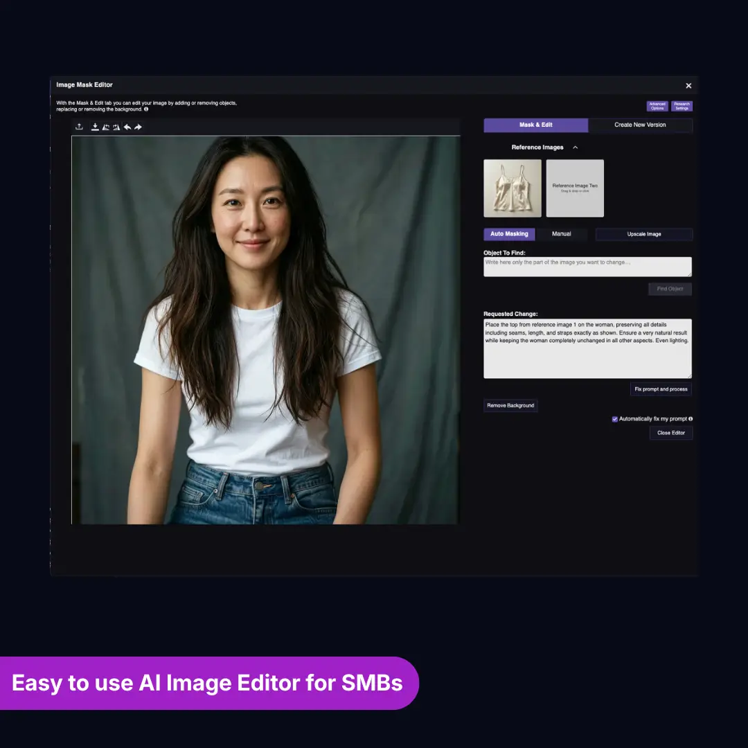 RogerApp.ai:n kuvaeditorin käyttöliittymä AI-kuvien yhdistämistyönkulussa — kermavalkoinen satiini-toppaaminen asetetaan referenssituotekuvasta AI-generoituun malliin automaattimaskauksen ja promptimuokkauksen avulla