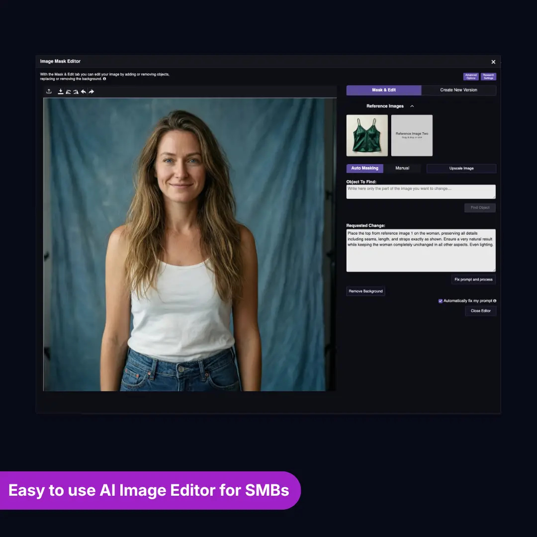 RogerApp.ai:n kuvaeditori AI-kuvien yhdistämisessä — tummanvihreä satiini-toppaaminen referenssikuva asetetaan AI-generoidulle mallille automaattimaskaus-promptityönkululla verkkokaupan tuotekuvausta varten