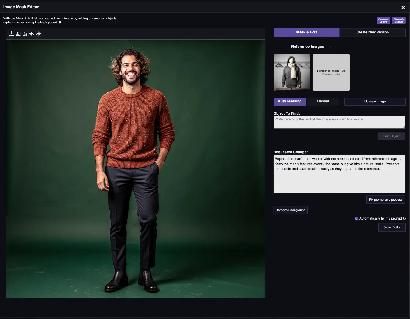 RogerApp.ai:n kuvaeditori: mies paidassa pääkuvana ja harmaa huppari referenssikuvana valmiina AI-kuvien yhdistämiseen