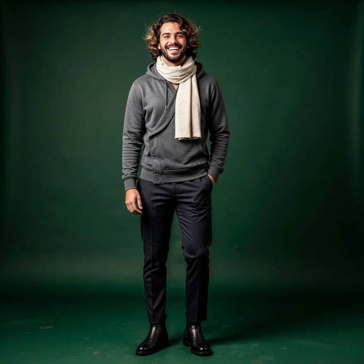 AI-kuvien yhdistämisen lopputulos RogerApp.ai:ssa: mies harmaa huppari päällä, yhdistetty erillisestä referenssikuvasta