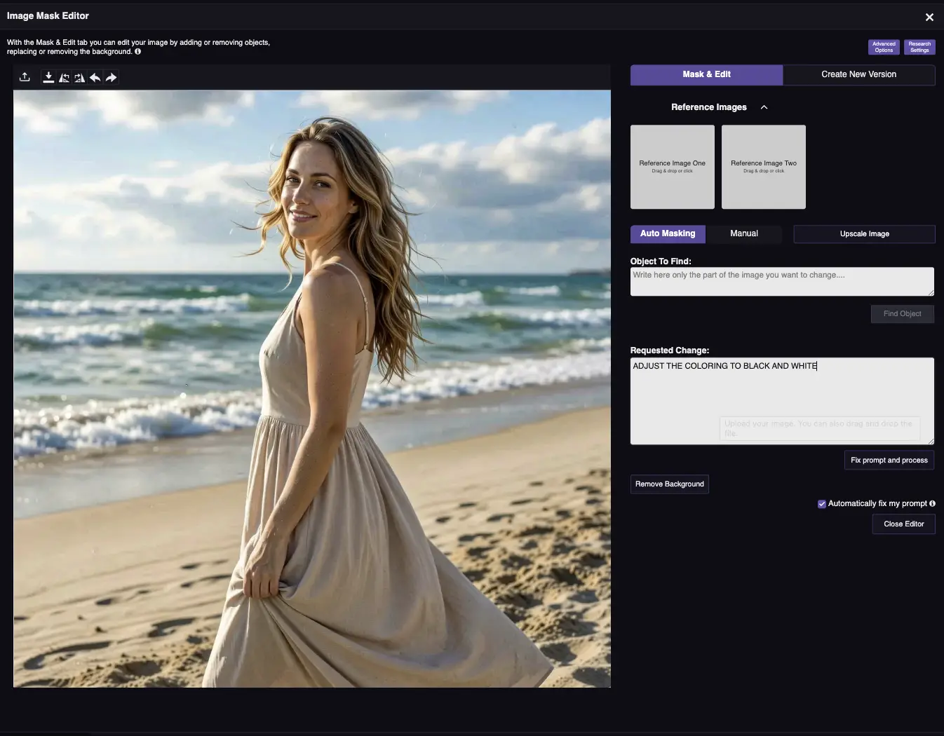 RogerApp.ai:n kuvaeditori: nainen rannalla, Requested Change -kentässä prompti 'ADJUST THE COLORING TO BLACK AND WHITE'