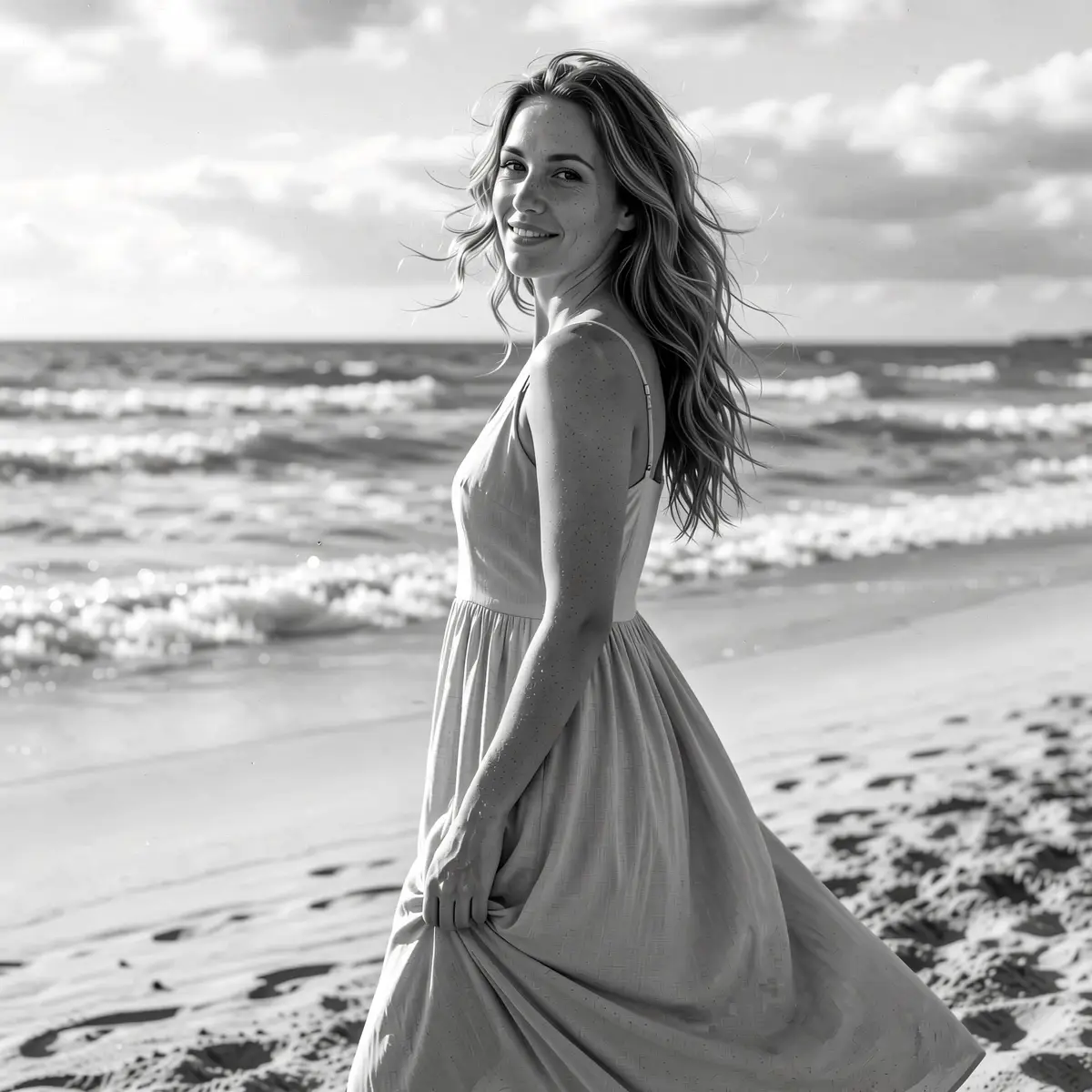 AI-kuvan uudelleenvärityksen tulos RogerApp.ai:ssa: nainen mekossa rannalla muutettu väristä mustavalkoiseksi