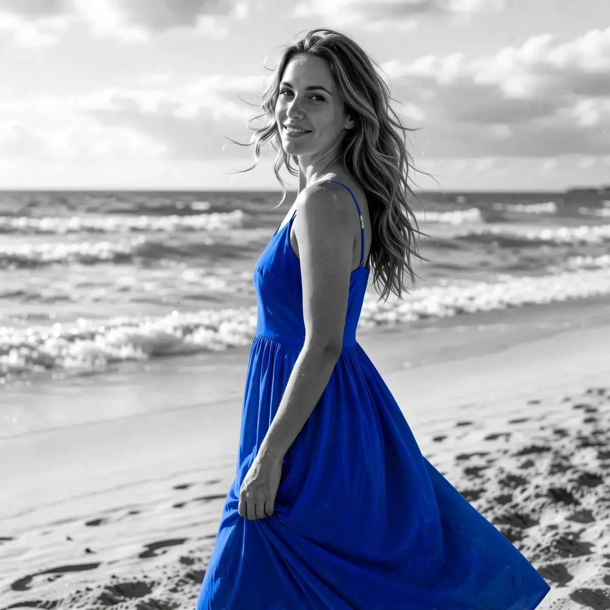 AI-kuvan uudelleenvärityksen tulos RogerApp.ai:ssa: mustavalkoinen rantakuva, jossa mekko valikoivasti väritetty siniseksi automaattimaskauksen avulla